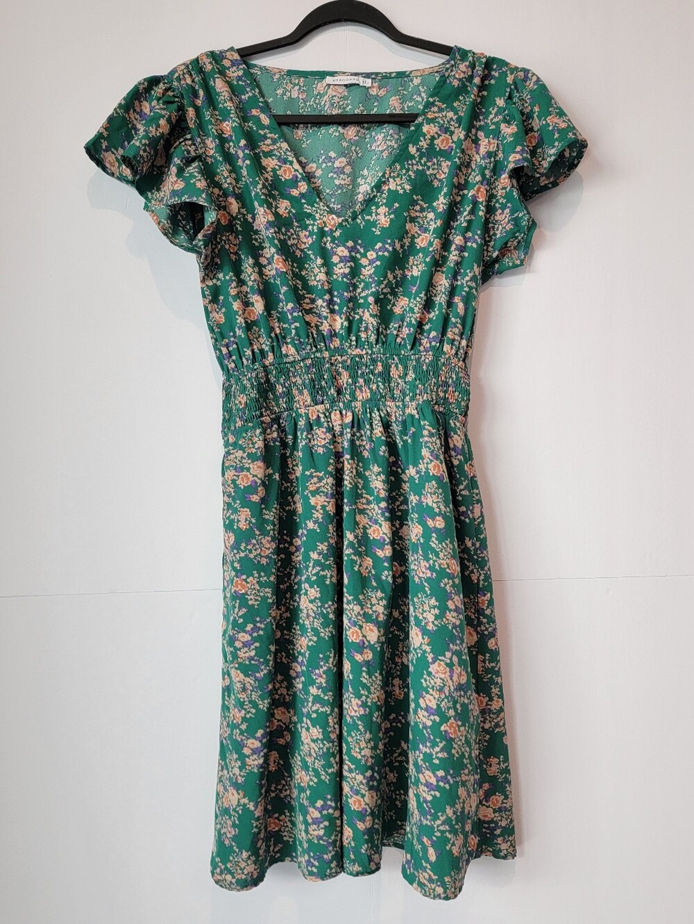 Staccato Large Green Ditsy Floral Smocked Waist Flutter Sleeve Dress